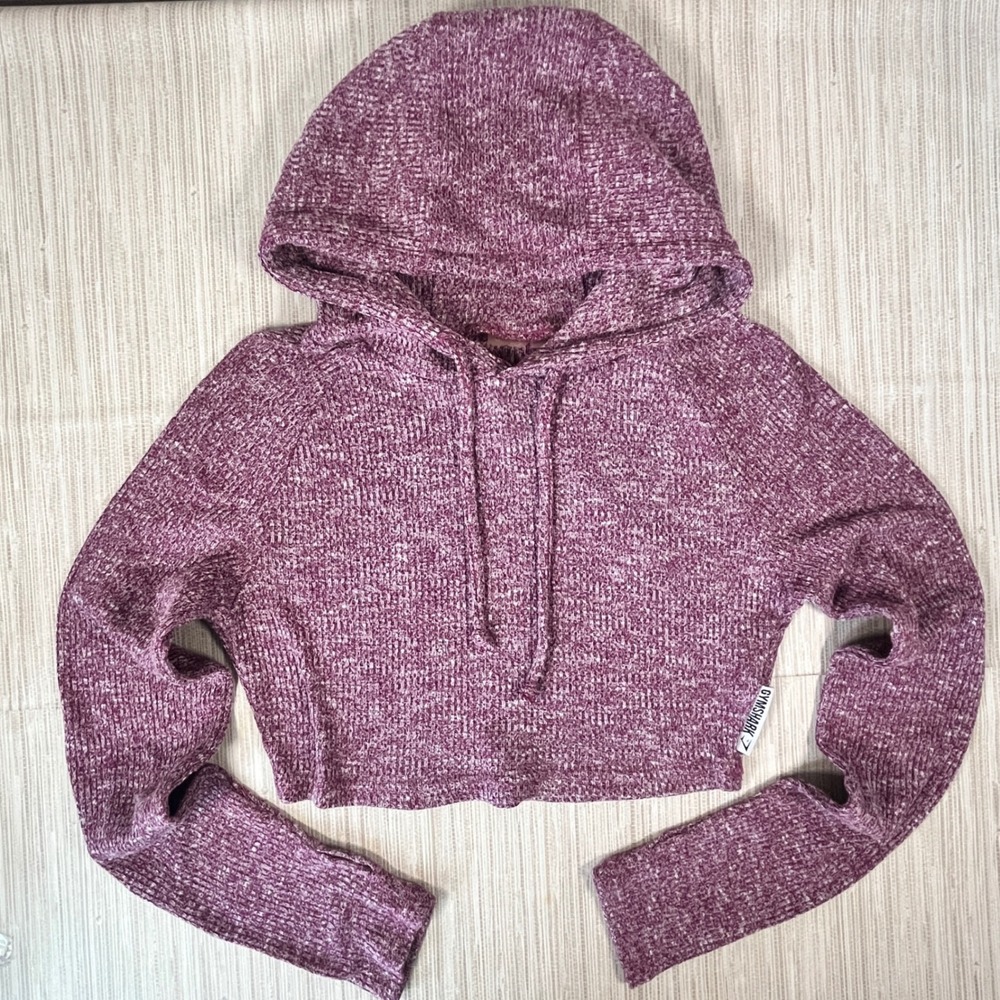 Gymshark Cropped Speckled Knit Hoodie Purple Long Sleeve Hooded Sweatshirt Women - Picture 1 of 6